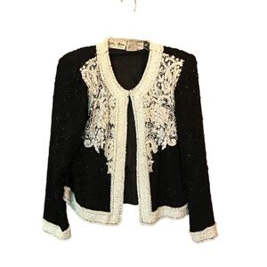 Silky Nites Black Silk Vintage Jacket with White Beading Size Medium